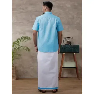 Ramraj – Cotton Rich Blue Shirt with Matching Border Dhoti Set C11 (Half Sleeves) Ramraj – Cotton Rich Blue Shirt with Matching Border Dhoti Set C11 (Half Sleeves)