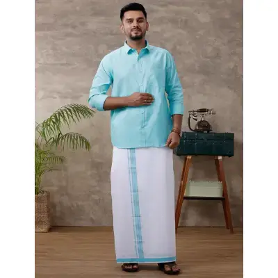 Ramraj – Cotton Rich Blue Shirt with Matching Border Dhoti Set C50 (Full Sleeves) Ramraj – Cotton Rich Blue Shirt with Matching Border Dhoti Set C50 (Full Sleeves)