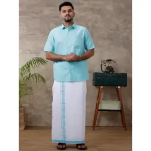 Ramraj - Cotton Rich Blue Shirt with Matching Border Dhoti Set C50 (Half Sleeves)