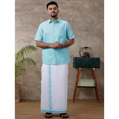 Ramraj – Cotton Rich Blue Shirt with Matching Border Dhoti Set C50 (Half Sleeves) Ramraj – Cotton Rich Blue Shirt with Matching Border Dhoti Set C50 (Half Sleeves)