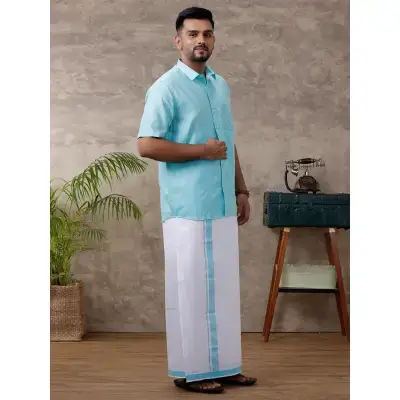 Ramraj – Cotton Rich Blue Shirt with Matching Border Dhoti Set C50 (Half Sleeves) Ramraj – Cotton Rich Blue Shirt with Matching Border Dhoti Set C50 (Half Sleeves)