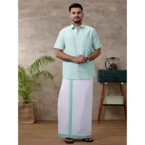 Ramraj - Cotton Rich Light Pista Green Shirt with Matching Border Dhoti Set C83 (Half Sleeves)