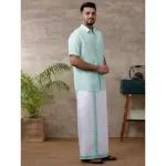 Ramraj - Cotton Rich Light Pista Green Shirt with Matching Border Dhoti Set C83 (Half Sleeves)_4