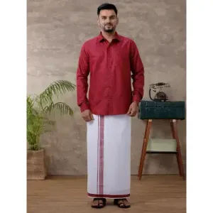 Ramraj - Cotton Rich Maroon Shirt with Matching Border Dhoti Set C81 (Full Sleeves)