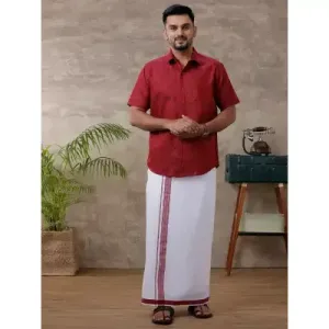 Ramraj - Cotton Rich Maroon Shirt with Matching Border Dhoti Set C81 (Half Sleeves)